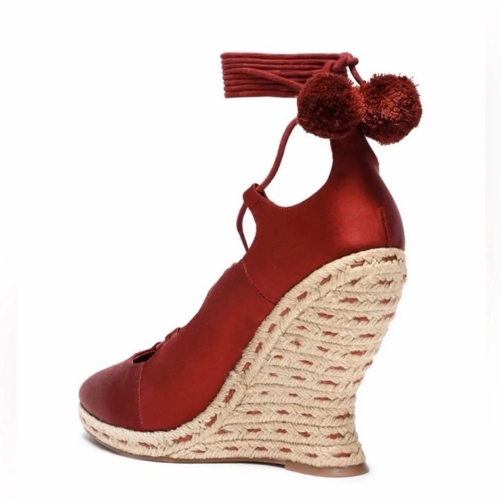 NWOB Tory Burch Heather Satin Pom Pom Lace Up Wedge Espadrilles Spicy Cola 5.5